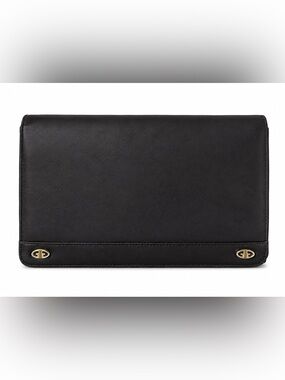 1970s Vintage Gucci Black Leather Clutch Gold Enamel GG Convertible Bag